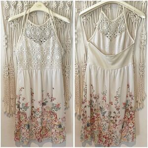 Boho Crochet Lace & Floral Print Halter Dress SZ SM Flowy Summer Festival Dress